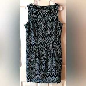 AB Studio Black Aqua Blue White Helix Twist Dot Pattern Sheath Dress Size 12